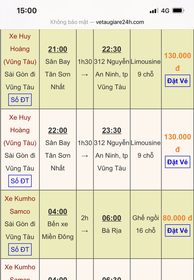 Bảng giá vé của nhà xe Kumho được các web đăng tải