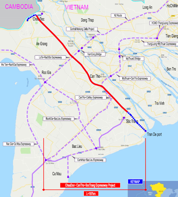 Cao tốc Châu Đốc - Cần Thơ - Sóc Trăng là tuyến đường quan trọng theo trục ngang của ĐBSCL, kết nối vận tải giữa cảng nước sâu Trần Đề, các địa phương (Nguồn: Ban QLDA Mỹ Thuận)  