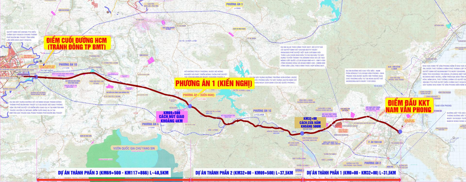 Bản đồ hướng tuyến đường bộ cao tốc Khánh Hòa - Buôn Ma Thuột