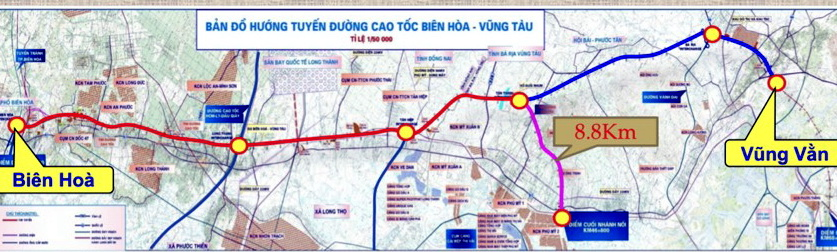 Bản đồ hướng tuyến đường bộ cao tốc Biên Hòa - Vũng Tàu
