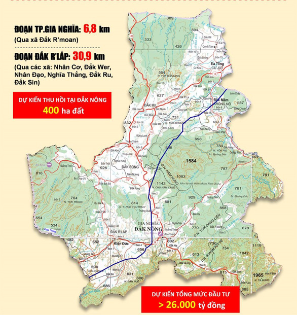 Bản đồ thể hiện tuyến cao tốc đi qua - Ảnh: baodaknong.gov.vn