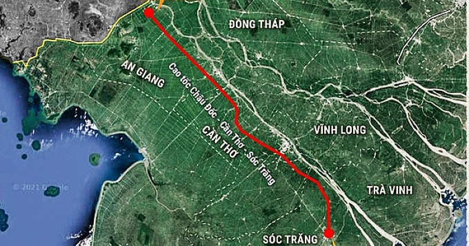 Cao tốc Châu Đốc - Cần  Thơ - Sóc Trăng có tổng chiều dài dự án khoảng 188,2 km, tổng mức đầu tư gần 45 nghìn tỷ đồng.