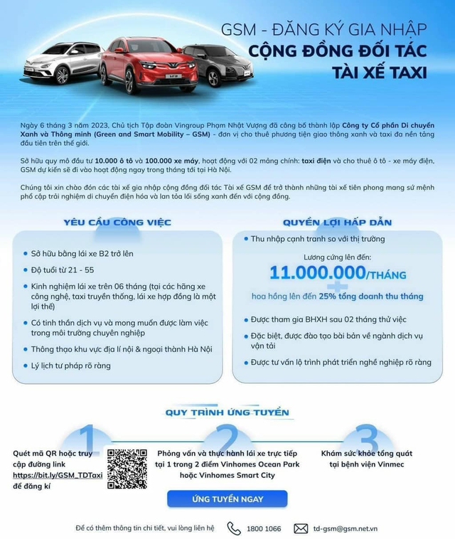 Hãng taxi GSM của tỷ phú Phạm Nhật Vượng tuyển tài xế lương cao - Ảnh 2.