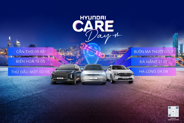 Đây là lần đầu tiên hãng ô tô Hàn Quốc tổ chức sự kiện chăm sóc xe dành cho khách hàng Việt Nam.  Chuỗi sự kiện chăm sóc xe Hyundai Care Day 2024 sẽ diễn ra tại 6 tỉnh, thành phố trên cả nước dành cho những khách hàng sử dụng ô tô Hyundai.