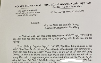 Hội Nhà báo Việt Nam đề nghị xử lý nghiêm đối tượng đe doạ phóng viên Báo Giao thông