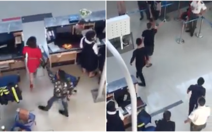 Clip: Nữ nhân viên sân bay bị nhóm thanh niên tát vào mặt, đạp ngã