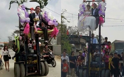 Đón dâu bằng xe nâng ở Nghệ An gây “bão mạng”